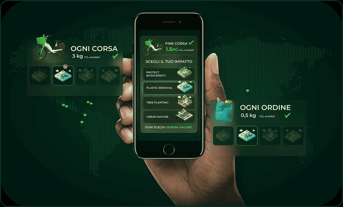 Interfaccia mobile che collega le azioni quotidiane ai progetti di impatto